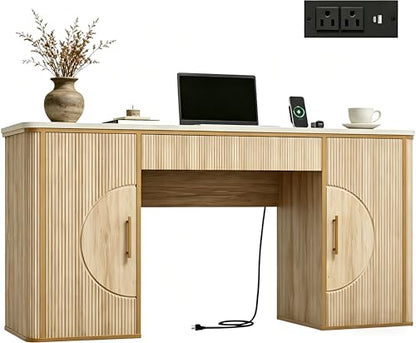 60" Fluted Writing Desk, Wooden Long Home Office Computer Desk with Drawer & Storage Cabinet, Modern Writing Table with Charging Station, High Executive Desk, Bedroom, Nature Oak, Set of 2