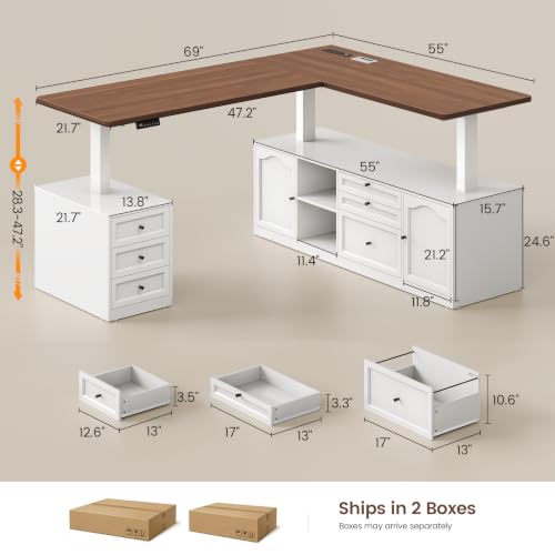 Farmhouse L Shaped Executive Electric Standing Desk with 6 Drawers, view 3