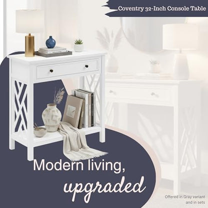 Coventry 32-Inch Wood Console Table with Drawer & Lower Shelf – Traditional to Contemporary Sofa Table with Open Side Accent Design for Entryway, Hallway or Living Room by (White)