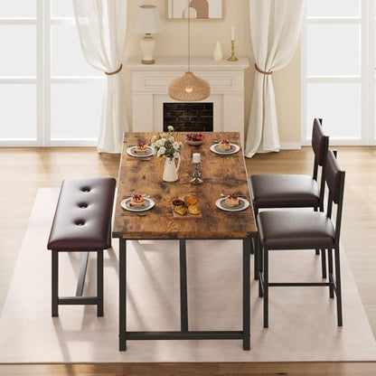 Dining Table Set for 4, Kitchen Table with 2 Upholstered Chairs and Bench, Wood Kitchen Dining Room Set, for Small Space, Apartment, Home, Kitchen, Retro Brown
