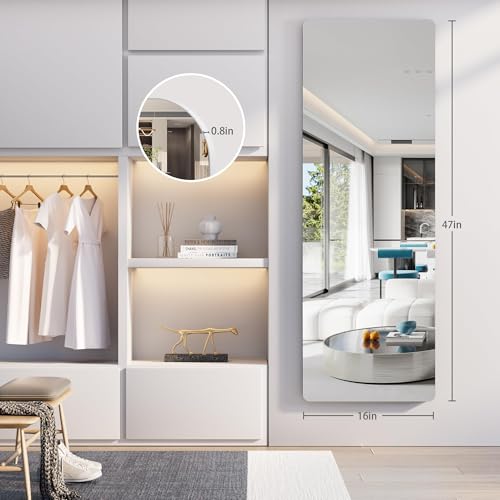 Door Mirror Full Length, 47"x 16" Full Body Over The Door Hanging Wall Mounted Mirror for Bedroom, Living Room, Cloakroom, Round White