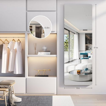 Door Mirror Full Length, 47"x 16" Full Body Over The Door Hanging Wall Mounted Mirror for Bedroom, Living Room, Cloakroom, Round White