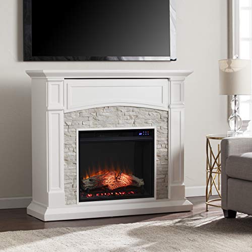 Seneca Electric Touch Screen Media Fireplace - White - Transitional Design, White Glass and Wood - Ideal for Living Room, Bedroom (FR9362)