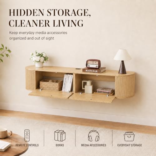 55" Fluted Floating TV Stand, Wall-Mounted Media Console (Natural), view 5