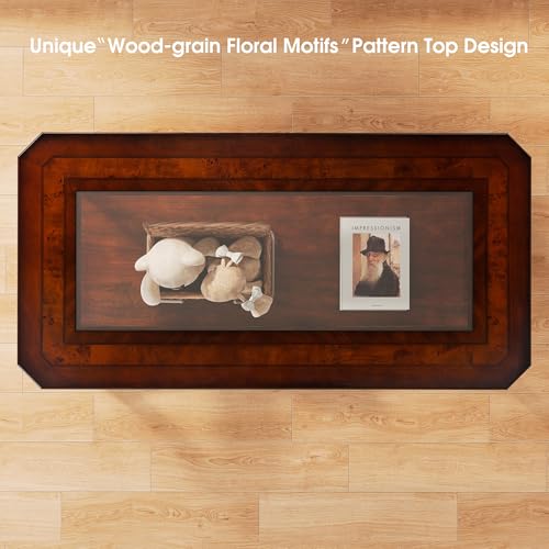 Traditional Wood Coffee Table with Glasstop, 47.2* 23.6* 17.9in | Rectangle Solid Wood Tea Table with Storage Shelf, 2-Tier Glass Center Tables in Cherry for Living Room, Large Cocktail Table