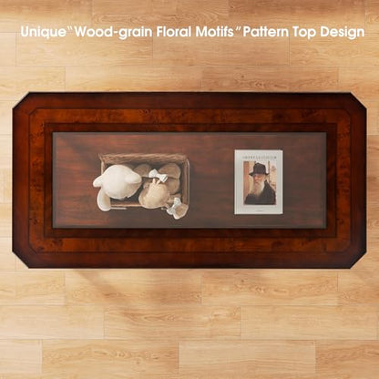 Traditional Wood Coffee Table with Glasstop, 47.2* 23.6* 17.9in | Rectangle Solid Wood Tea Table with Storage Shelf, 2-Tier Glass Center Tables in Cherry for Living Room, Large Cocktail Table