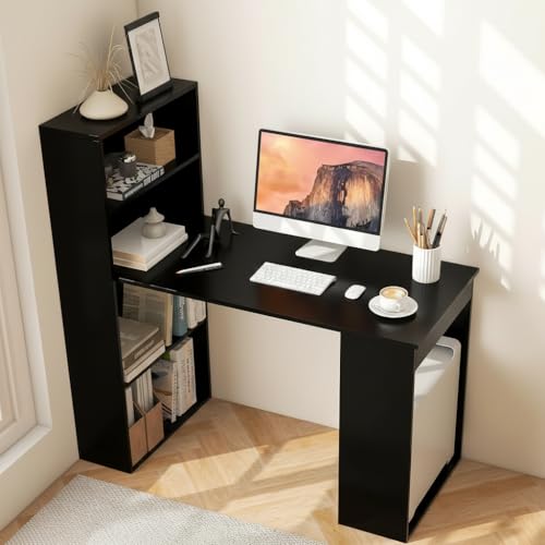 Computer Desk with Bookshelf, Writing Study Desk with Storage Shelves & CPU Stand, Modern Compact Computer Workstation for Home & Office, Space-Saving Design (Black)