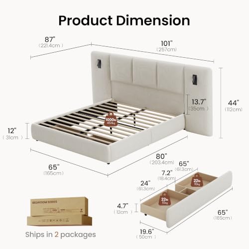 Queen Upholstered Bed Frame with Extended Headboard, Beige, view 3