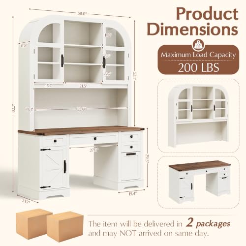 Farmhouse Computer Desk with Hutch, 83 inch Height Office Desk with Drawers, view 3