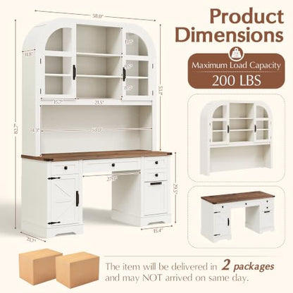 Farmhouse Computer Desk with Hutch, 83 inch Height Office Desk with Drawers, view 3