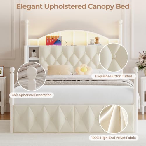 Full Size Upholstered LED Canopy Bed Frame with 2 Drawers and & Charging Station, view 8