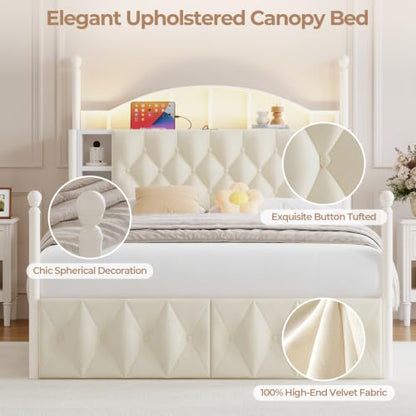 Full Size Upholstered LED Canopy Bed Frame with 2 Drawers and & Charging Station, view 8