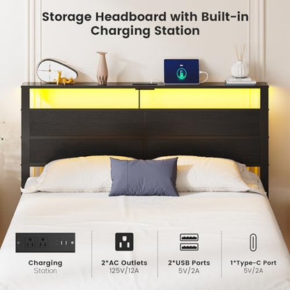 Full Size Metal Bed Frame with Storage Headboard, LED Lights, view 6
