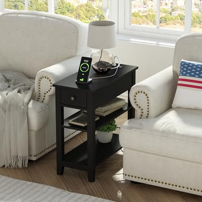 Black End Table Set of 2, Sofa Side Table Living Room with Charging Station,Narrow Night Stand with USB Ports & Power Outlets and Hidden Drawer