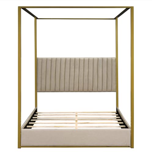 Modern 4-Poster Canopy Platform Bed Queen Size with Channel Upholstery Tufted, view 7