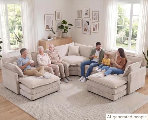 Oversized Modular Sectional Sofa, 7 Seater Deep Seat Cloud Couch Sectional | Chenille Corner Couch | 7 Pillows, 2 Ottomans | Sectional Couches for Spacious Living Room, Large Families| Light Camel