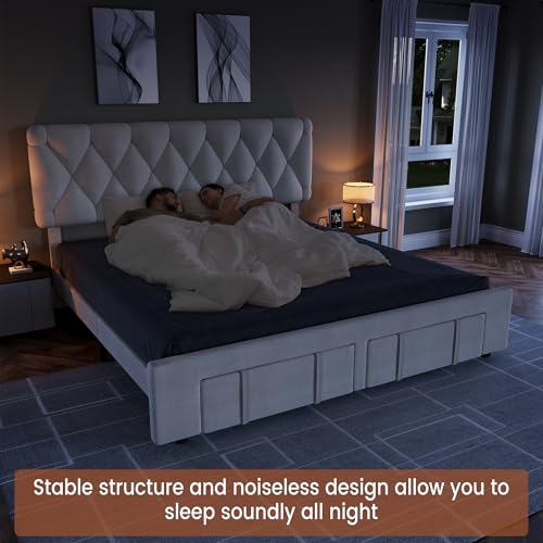 Upholstered King Size Bed Frame with Storage Drawers, Beige, view 5
