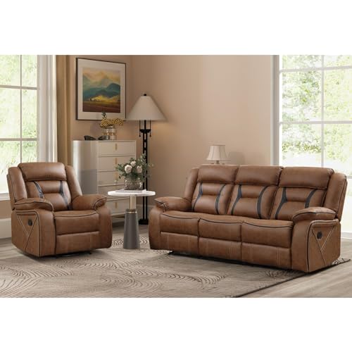Manual Recliner Sofa Set, Faux Leather Reclining Living Room Furniture Set, Included Recliner Chair and 3 Seat Manual Recline Sofa, Brown