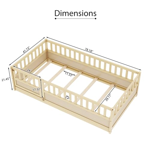 Montessori Wooden Floor Bed Frame, Integrated Kids Sleeping Bed with Safety Barrier and Access Door, Sturdy Pine Bedroom Furniture for Children Daily Rest (Natural,78 * 41'' +Support Plate)