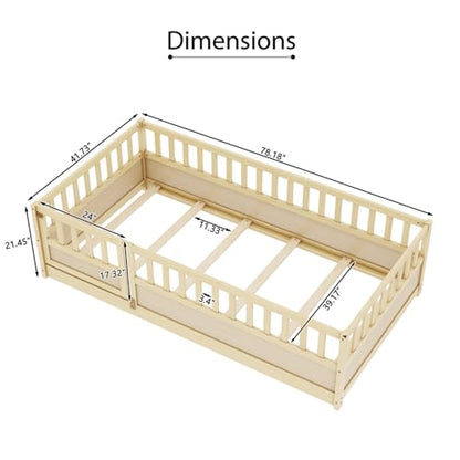 Montessori Wooden Floor Bed Frame, Integrated Kids Sleeping Bed with Safety Barrier and Access Door, Sturdy Pine Bedroom Furniture for Children Daily Rest (Natural,78 * 41'' +Support Plate)
