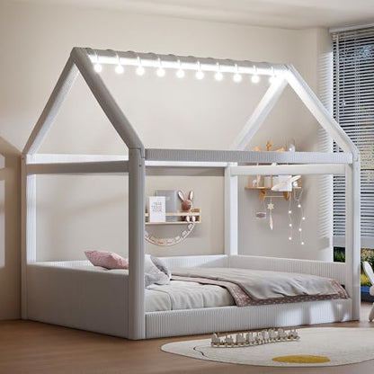 Modern Upholstered House Bed, Floor Upholstered Sofa Daybed with Wood Slat Support,Platform Bed Frame with Headboard/Full, Beige