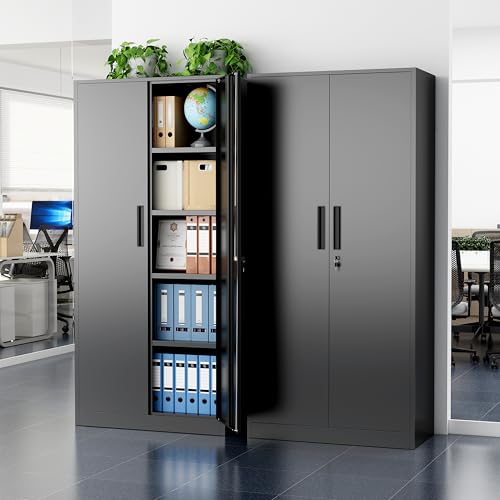 Metal Cabinet, 72" Black Locking Metal Storage Cabinet with 2 Doors and 4 Adjustable Shelves, Lockable Garage Storage Cabinets for Home Office, Garage, Kitchen, Living Room