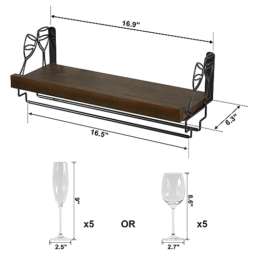 Wine Rack with Stemware Hanger,Solid Wood,17inch,Dark Brown | Wine Glass Rack,Floating Wall Shelf,Easy to Install,40 Lbs/shelf,For Kitchen,Dinning Room,Home Bar,Living Room,Elegant Design