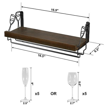 Wine Rack with Stemware Hanger,Solid Wood,17inch,Dark Brown | Wine Glass Rack,Floating Wall Shelf,Easy to Install,40 Lbs/shelf,For Kitchen,Dinning Room,Home Bar,Living Room,Elegant Design