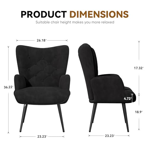 Mid Century Modern Accent Chair, Velvet Upholstered Armchair with Metal Legs, Tufted Button Wingback Side Chair, High Back Reading Chair for Living Room Bedroom, Black