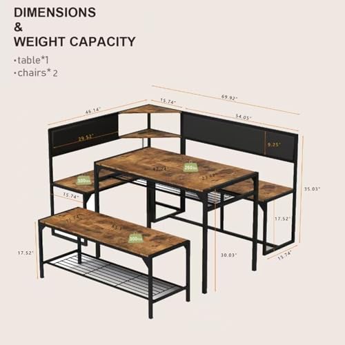 3-Piece Corner Dining Table Set for 4-6, Industrial Kitchen Table and Chair Sets with Storage & Bench, Farmhouse Rectangle Tables & L-shaped Seat for Living Room Breakfast Nook Restaurant, Brown