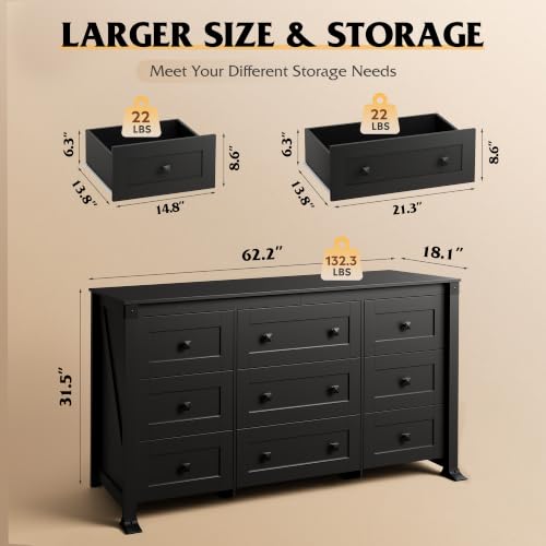 9 Drawer Dresser Black, 62" Wide Wooden Chest with Anti-Tip Structure, view 3