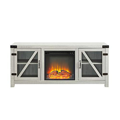 Farmhouse Barn Door Wood and Glass Fireplace TV Stand for TV's up to 64" Flat Screen Living Room Storage Cabinet Doors and Shelves Entertainment Center, 58 Inch, Stone Grey