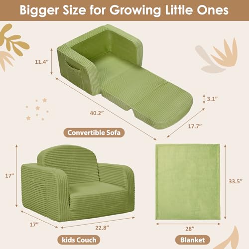 2 in 1 Convertible Kids Couch - Corduroy Fold Out Kids Sofa Chair with Blanket, Comfy Comfortable Toddler Chair, Machine-Washable Cover, for Boys Girls, Medium Green