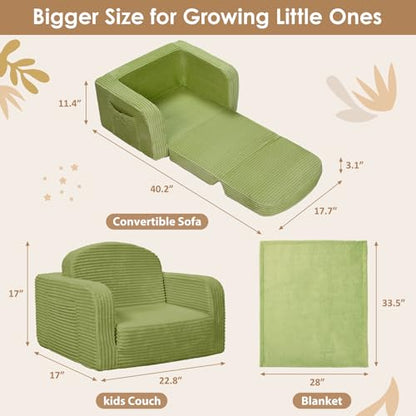 2 in 1 Convertible Kids Couch - Corduroy Fold Out Kids Sofa Chair with Blanket, Comfy Comfortable Toddler Chair, Machine-Washable Cover, for Boys Girls, Medium Green