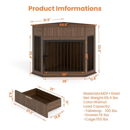 44.6'' Corner Dog Crate Furniture for Small Medium Dog,Walnut, view 3