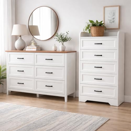 2-Piece Bedroom Furniture Set – Includes a 5 Drawer Dresser, a 6 Chest of Drawers,Modern Farmhouse Dresser Set, Ideal for Bedroom, Living Room