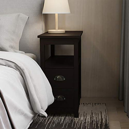 Narrow End Table with 2 Drawers and 1 Open Shelf Space Bedside Table, Retro Side Table for Living Room Bedroom Home Furniture Side Table (Brown)