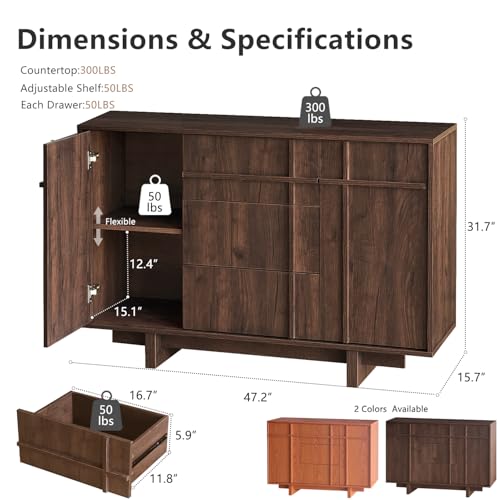 47.2" Buffet Cabinet with Storage, Skeleton Line Design, Walnut, view 3
