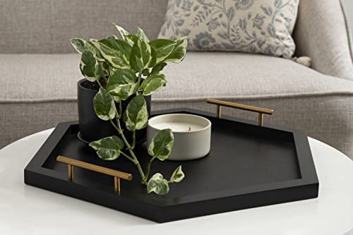 Halsey Hexagon Decorative Wooden Tray with Polished Metal Handles; 22 x 19; Black and Gold; Modern Glam Wood Hexagon Serving Tray for Display or Decoration
