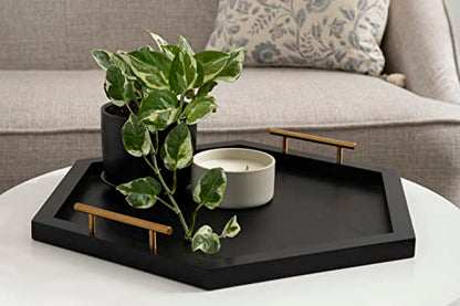 Halsey Hexagon Decorative Wooden Tray with Polished Metal Handles; 22 x 19; Black and Gold; Modern Glam Wood Hexagon Serving Tray for Display or Decoration