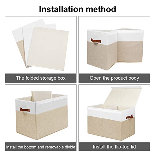 Gowee Large Toy Storage Box with Lid, Sturdy Toys Storage Chest Bin Organizer Basket with Dividers for Kids, Boys, Girls, Nursery, Closet, Bedroom, Playroom 25"x13" x16" (Beige and White)