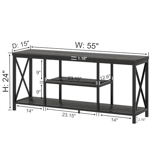 Modern TV Stand for TV up to 65 Inch, Rustic Wood Entertainment Center with Storage Shelves, Industrial Media TV Console and TV Table for Living Room Bedroom, 55 Inch Dark Gray
