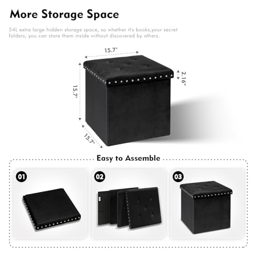 Storage-Ottoman Cube-Folding Tufted - Ottomans with Storage, Coffee Table Top Cover, Storage Boxes Footrest Stool for Bedroom, Luxury Velvet Fabric 15.7 Inches Black