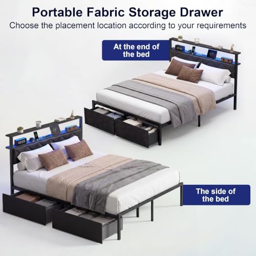 Queen Bed Frame with LED Lights, Charging Station & 2 Storage Drawers, view 6