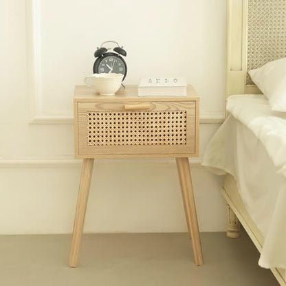 Rattan Nightstand, Bedside Table with Rattan Drawer, Wood End Table with Storage and Solid Wood Legs for Bedroom Living Room Small Space (Walnut)