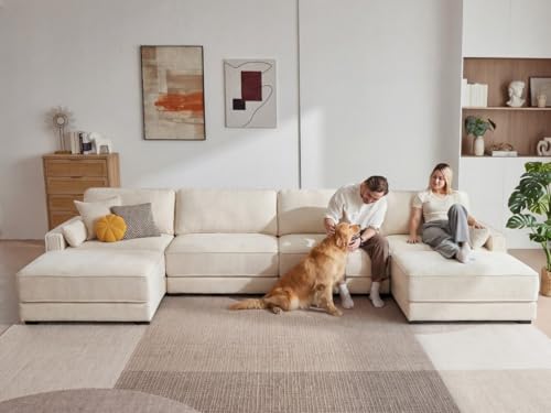 160" Oversized Modular Sectional Sofa, U Shaped Couch Set with 2 Pillows, 6 Seat Comfy Cloud Couches with 2 Movable Ottomans for Living Room, Bedroom and Apartment, Chenille Beige