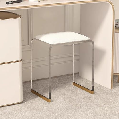 Clear Acrylic Vanity Stool with Sherpa Cushion,Modern Acrylic Side Table,Multifunctional Ottoman Foot Rest Or Makeup Room, Living Room, Bedroom Furniture(16.1" W x 11.4" D x 17.7" H, White B)