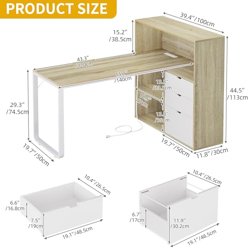 55" L Shaped Corner Desk with Bookshelf, Power & LED, Oak White, view 3