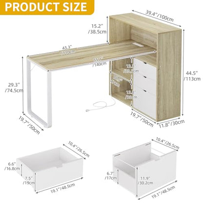 55" L Shaped Corner Desk with Bookshelf, Power & LED, Oak White, view 3
