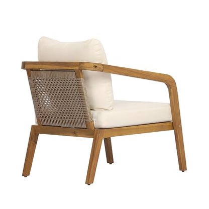 Jay Patio Lounge Chair Outdoor with Weather-Resistant Cushion, Modern Arm Chair with PE Wicker Backrest, Acacia Wood Club Chair for Outdoor Furniture, Cream+Light Brown+Teak